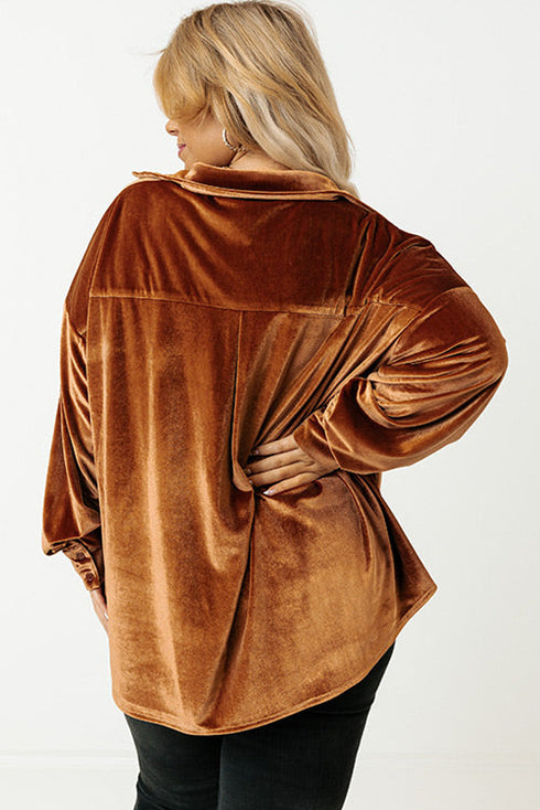 Plus Size Velvet Chest Pocket Drop Shoulder Shirt